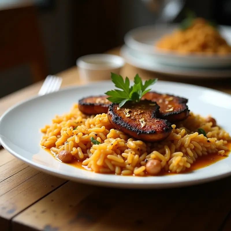 Plato hondo de cerámica blanca con biriyani de champiñones y espinacas vegano, arroz basmati amarillo aromatizado con azafrán, trozos de champiñones portobello dorados, espinacas verdes y decorado con almendras fileteadas, pasas y cilantro fresco. Acompañado de gajos de limón y servido con cuchara de madera sobre fondo rústico de madera oscura.