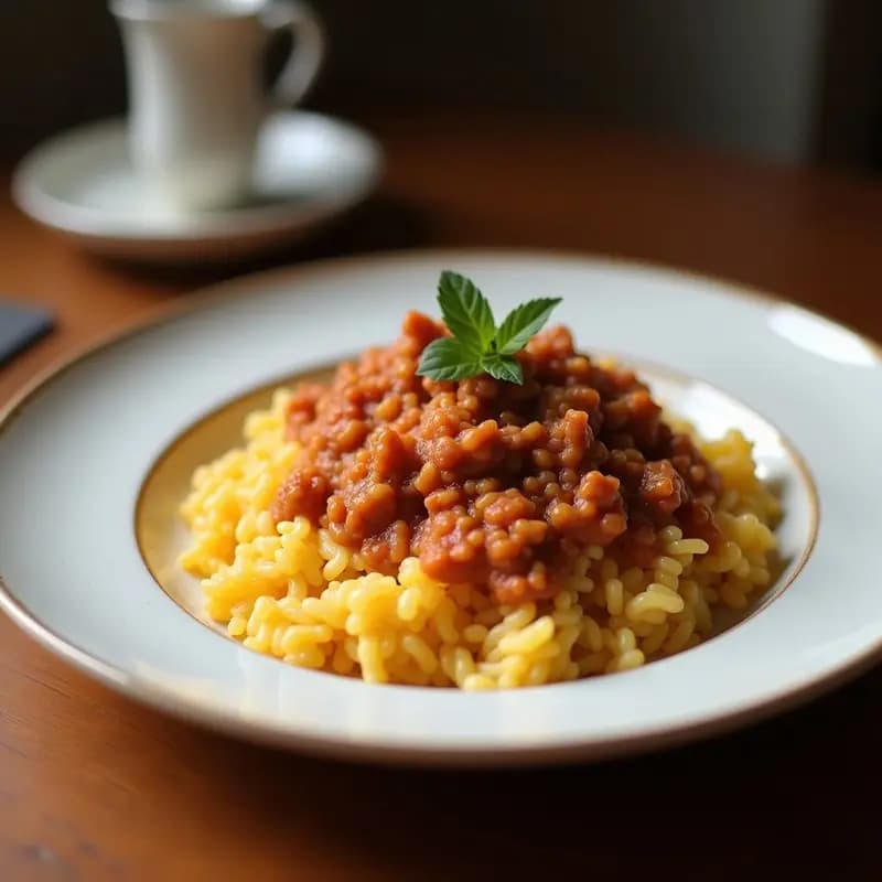 Plato hondo de barro con Biroldo Portugués de sangre y arroz, cubierto por una capa dorada y crujiente de pan y huevo, decorado con perejil fresco. Al fondo, trozos de panceta y chorizo asomando entre el arroz meloso. Receta tradicional portuguesa con toque moderno.