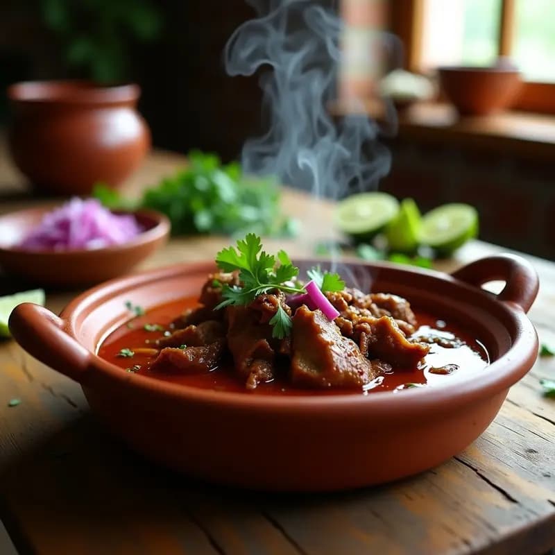 Olla de barro humeante con birria de chivo deshebrada en consomé de chile pasilla, acompañada de cebolla morada, cilantro y limones sobre mesa rústica de madera.