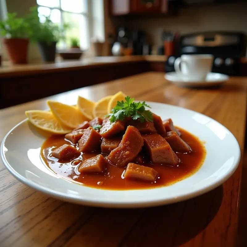 Plato de birria de res en airfryer con trozos dorados de carne bañados en consomé de chile rojo, servidos en tortillas de maíz con cebolla morada, cilantro y limón al lado.