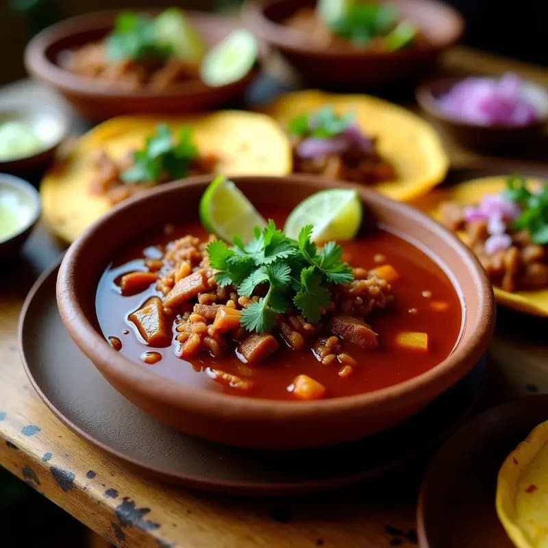 Plato hondo de barro con birria de res desmenuzada en su consomé espeso y oscuro, rodeada de tortillas de maíz doradas, cilantro fresco picado, cebolla morada y gajos de limón verde. Tacos mojados en consomé al lado, con fondo rústico de madera.