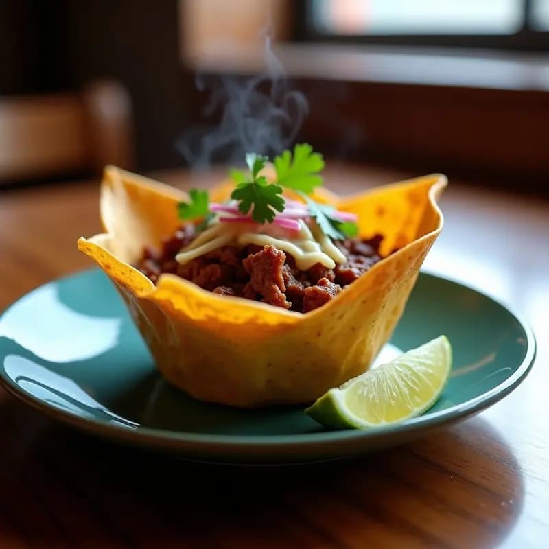 Taza comestible de masa dorada rellena de birria de res desmenuzada y queso fundido, acompañada de consomé en recipiente aparte y cebolla morada picada. Receta tradicional mexicana para eventos.