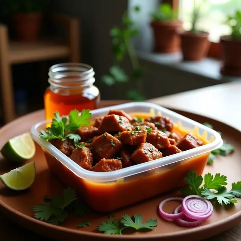 Tupper transparente con birria de res estofada en trozos jugosos, acompañada de un frasco de consomé oscuro y aromático. Alrededor, gajos de limón, cebolla morada en juliana y cilantro fresco para mojar.