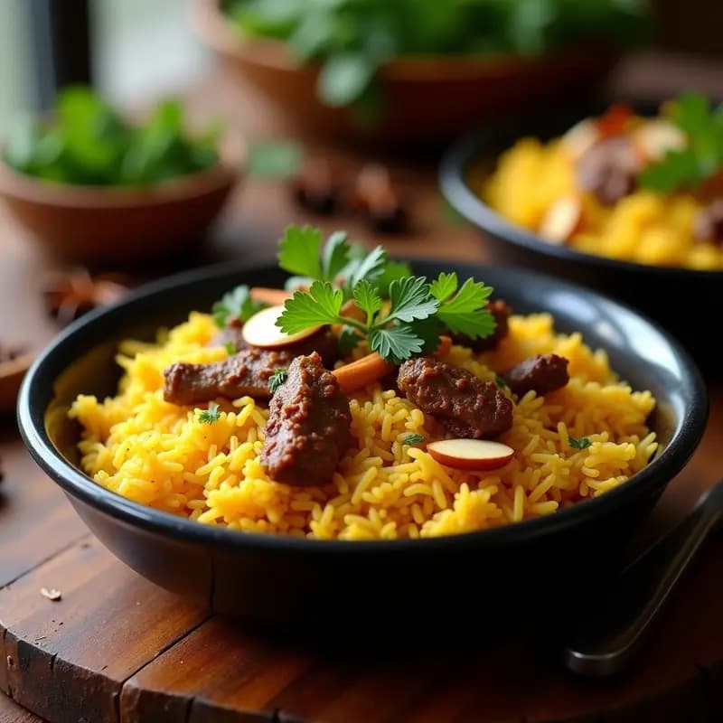 Plato hondo de cerámica negra con biryani de cordero con azafrán y almendras, capas de arroz basmati dorado con trozos de cordero tierno, almendras laminadas tostadas y cilantro fresco. Fondos de especias como cardamomo y canela dispersos. Receta india festiva para ocasiones especiales.