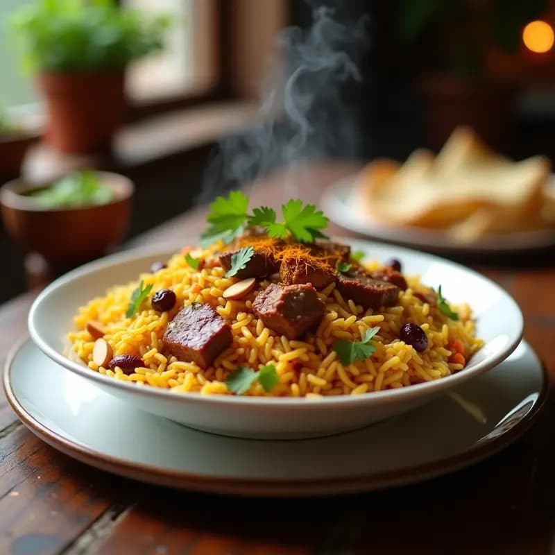 Plato hondo de cerámica blanca con biryani de cordero con azafrán y frutos secos, capas doradas de arroz basmati, trozos de cordero jugoso, almendras y pistachos tostados, decorado con cilantro fresco y hebras de azafrán, servido en estilo festivo indio.