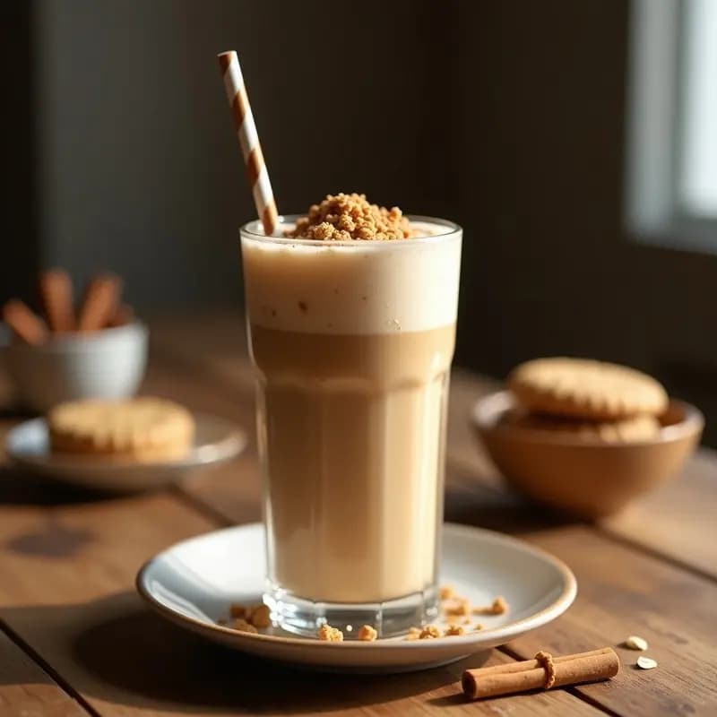 Vaso alto transparente con Biscoff Latte Helado con Leche de Avena, decorado con polvo de galleta Biscoff y canela en polvo, servido con pajita sobre fondo rústico de madera.