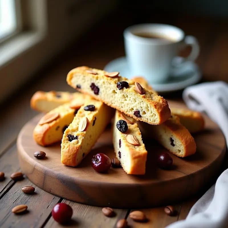 Bandeja de madera con biscotti de almendra y cerezas deshidratadas apilados, crujientes y dorados, con trozos de cereza visibles y almendras fileteadas tostadas, sobre fondo rústico con granos de café.