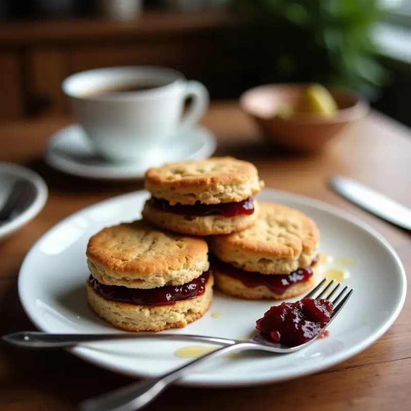 Biscuit dorado y esponjoso de trigo sarraceno cortado en porciones, servido en plato blanco con mermelada de higo negro brillante y almendras fileteadas, desayuno sin gluten gourmet.