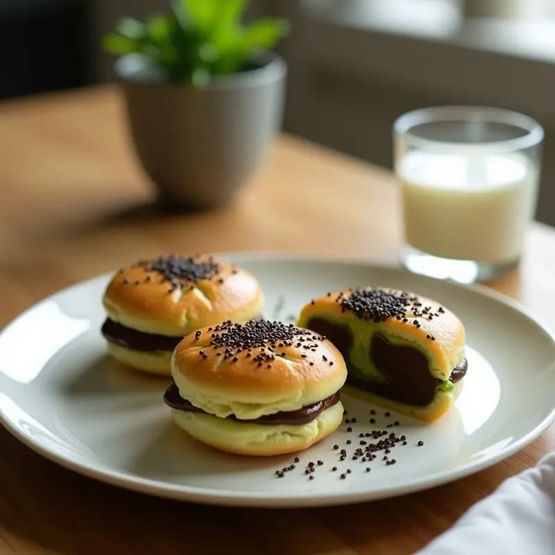 Bisfenol de chocolate y matcha con leche de almendras servido en un plato blanco, con capa crujiente dorada y semillas de sésamo negro. Desayuno japonés energético con textura sedosa y vibrante color verde oscuro.