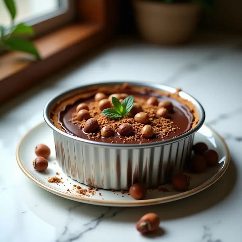 Postre francés B insiste de chocolate y avellanas sin horno, con capas visibles de bizcocho borracho empapado en almíbar, crema de chocolate belga y avellanas tostadas picadas en la superficie, servido en molde desmontable sobre fondo blanco.