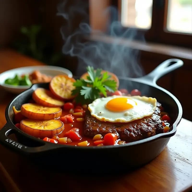 Plato tradicional colombiano con bistec a la cubana jugoso, rodajas doradas de plátano macho frito, huevo frito con yema líquida y sofrito de cebolla y tomate, servido en sartén de hierro con cilantro fresco.