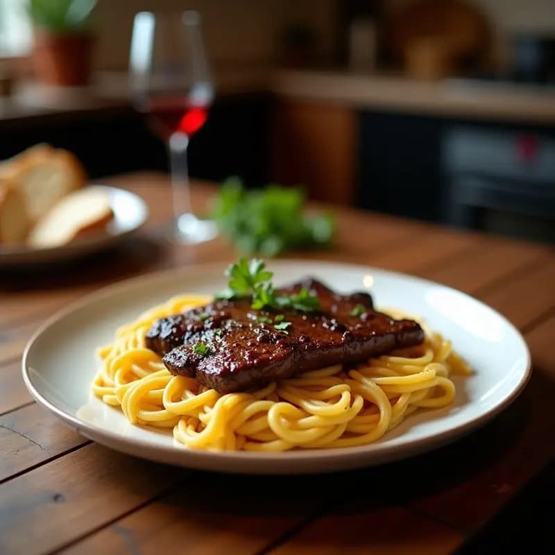 Plato hondo de barro con bistec a la cubana jugoso, rodajas doradas de plátano maduro caramelizado y un huevo frito con yema líquida encima, decorado con cilantro fresco y pimienta negra, receta dominicana rápida y energética.