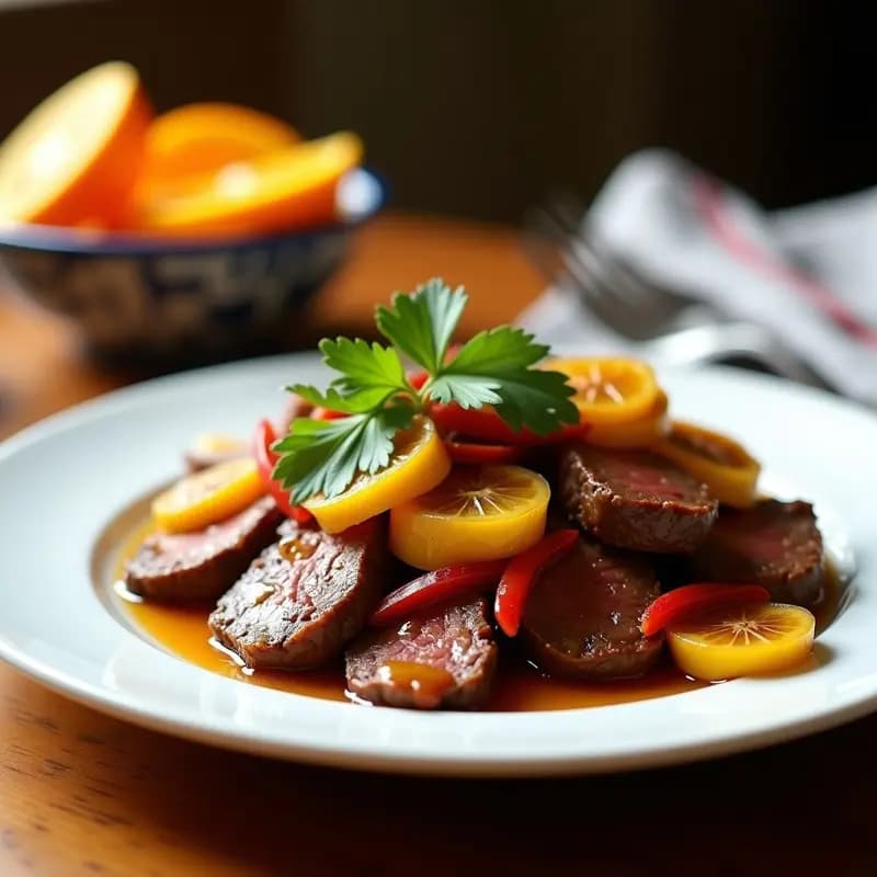 Plato de bistec a la cubana con plátanos maduros caramelizados, cebolla morada y pimiento rojo salteado, decorado con cilantro fresco. Receta dominicana en sartén con toque dulce.