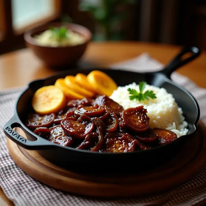 Plato tradicional dominicano con bistec encebollado en salsa oscura, arroz blanco esponjoso y tajadas de plátano maduro doradas y crujientes, servido en sartén de hierro.