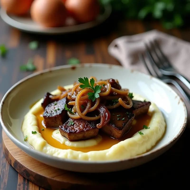 Plato hondo de cerámica blanca con bistec encebollado colombiano keto, cebollas caramelizadas en tonos dorados y morados sobre puré de coliflor cremoso, decorado con perejil fresco y un hilo de aceite de oliva.