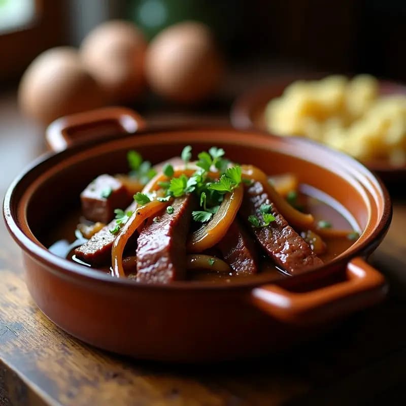 Plato hondo de barro con bistec encebollado con vino de Oporto, cebollas caramelizadas en salsa espesa y dorada, decorado con perejil fresco. Receta portuguesa en olla exprés.