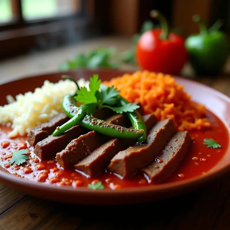 Plato hondo de barro con bistec a la mexicana en tiras jugosas, bañado en salsa verde y roja con rajas de chile poblano asado, cebolla caramelizada y cilantro fresco. Receta tradicional picante de res.