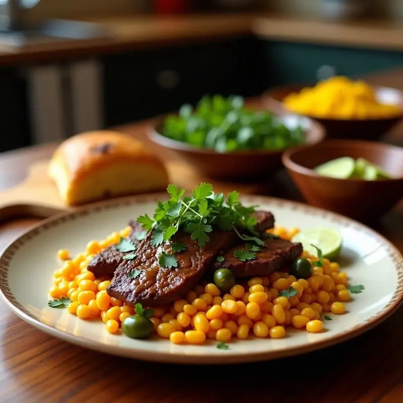 Sartén de hierro fundido con Bistec a la Mexicana con Rajas y Elote, mostrando tiras de carne jugosa, rajas de chile poblano verdes, granos de elote amarillo y trozos de jitomate, decorado con epazote fresco y queso desmenuzado.