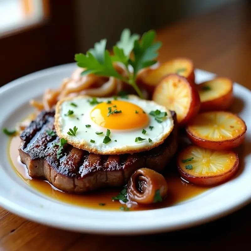 Plato tradicional chileno de bistec a lo pobre con filete jugoso, cebolla morada caramelizada brillante, papas doradas crujientes y huevo frito con yema líquida sobre fondo rústico de madera.