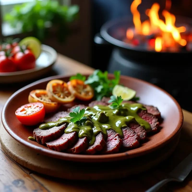 Plato rústico de barro con bistec a la talla en tiras jugosas, cubierto con salsa chipotle cremosa de color verde oscuro, acompañado de cebolla morada y tomates asados. Rodajas de lima y cilantro fresco como decoración. Fondo de parrilla humeante.