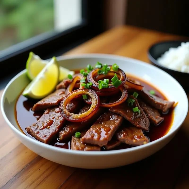 Plato hondo de cerámica blanca con bistek encebollado filipino: filetes de lomo de cerdo dorados cubiertos de cebollas moradas caramelizadas y salsa espesa de soja y limón, acompañado de arroz blanco y una rodaja de limón verde.