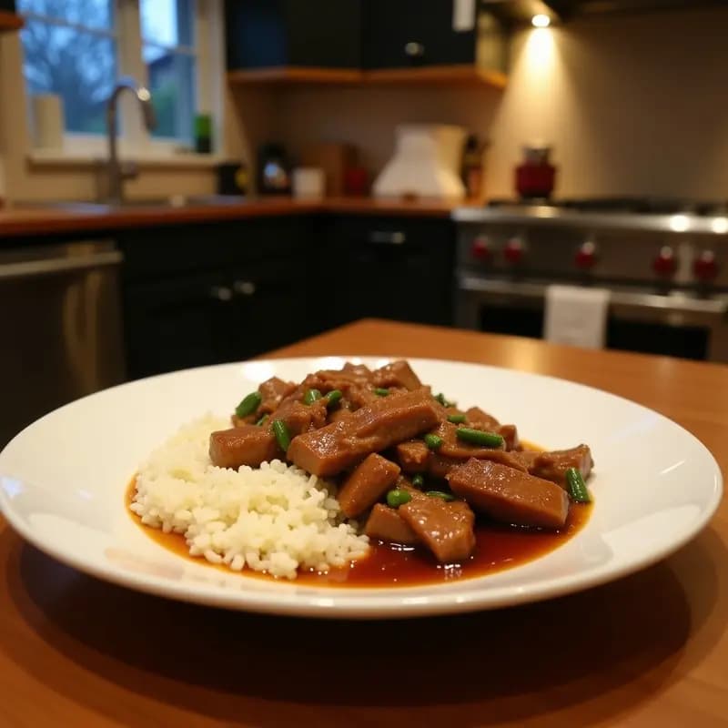 Plato hondo de barro con Bistek Tagalog filipino: láminas de carne de res doradas bañadas en salsa espesa de calamansi, acompañadas de aros de cebolla morada caramelizada y rodajas de calamansi fresco. Servido sobre arroz jazmín blanco, con un fondo de hojas de laurel y pimienta negra.