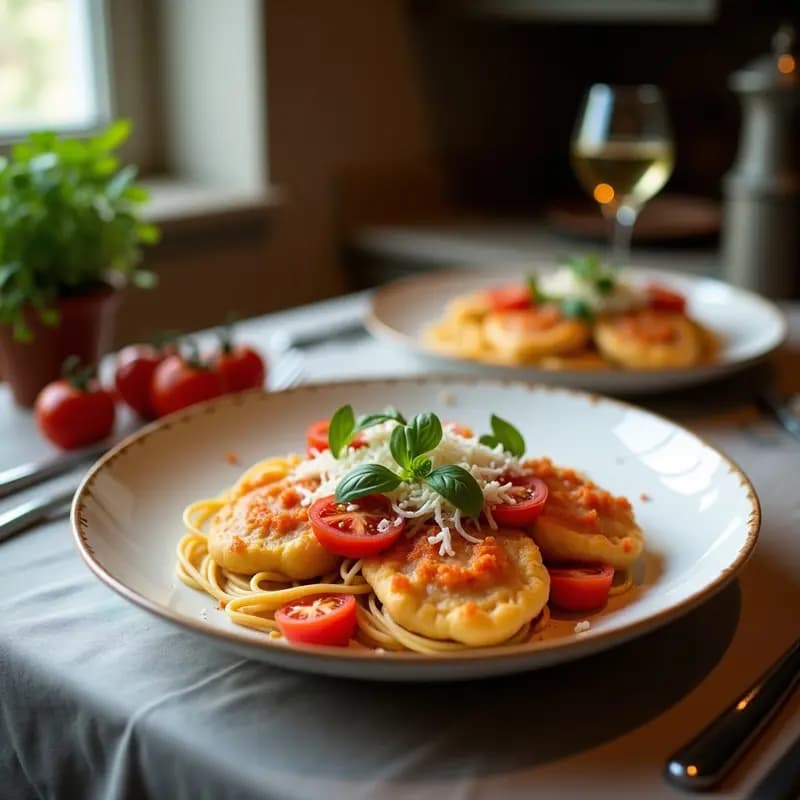 Plato blanco rústico con bitos a la bracese dorados y crujientes, espolvoreados con queso pecorino rallado y acompañados de salsa de tomate casera brillante, decorado con hojas de albahaca fresca.
