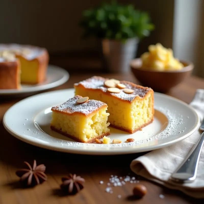 Bizcocho de aceite de oliva y anís recién horneado, dorado y esponjoso, con almendras picadas en la superficie, cortado en rodajas y servido en un plato de cerámica blanca con fondo rústico de madera.