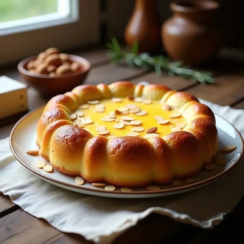 Bizcocho dorado de yema tostada y almendra en molde redondo, con textura esponjosa y almendras fileteadas tostadas en la superficie, receta tradicional de convento castellano.