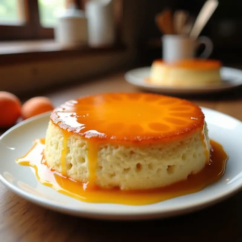 Bizcocho de yogur dorado y esponjoso coronado con una capa brillante de mermelada de albaricoque, servido en un plato blanco rústico con fondo de cocina casera.