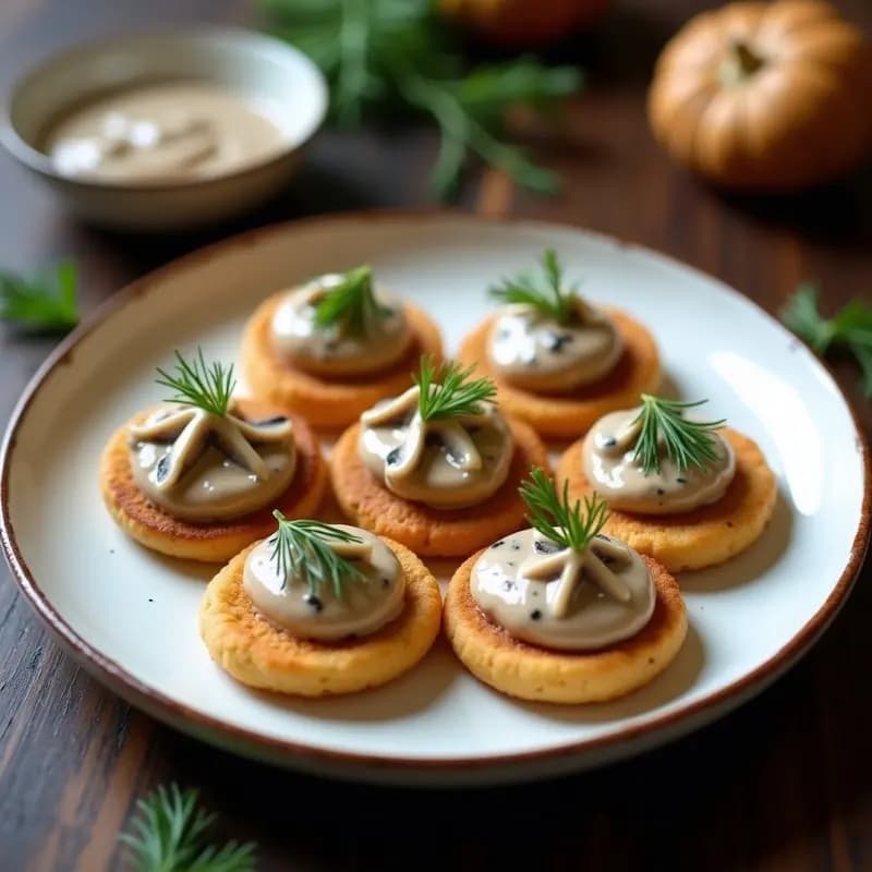 Plato blanco con blinis de alforfón dorados y esponjosos, coronados con crema de champiñones portobello y eneldo fresco, entrante ruso sin gluten elegante y apetitoso.