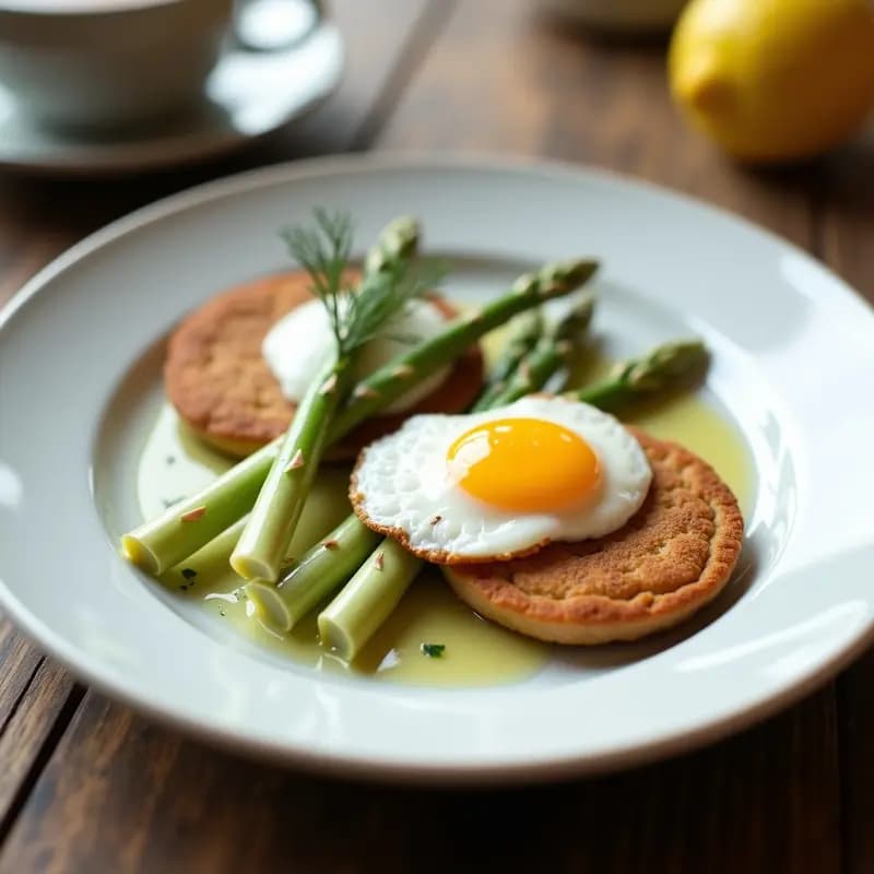 Plato blanco con B льini dorados de trigo sarraceno, espárragos blancos salteados y huevos poché de codorniz, decorados con eneldo fresco y aderezo de queso. Receta rusa elegante y baja en calorías.