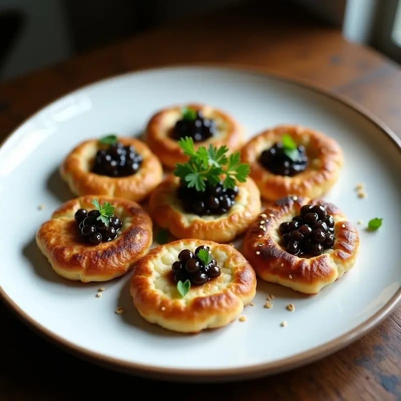 Plato blanco con tortitas rusas B Kamen doradas y crujientes, servidas con una cucharada de caviar de berenjena cremoso y espolvoreadas con perejil fresco picado.