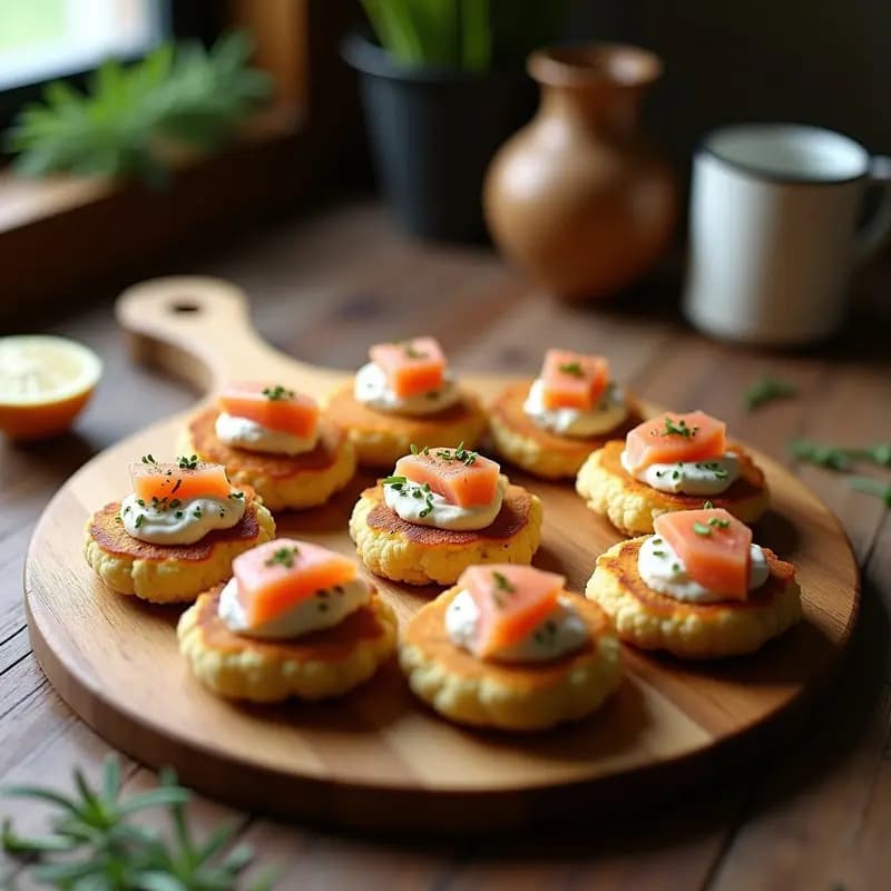 Balto de Salmón Ahumado y Queso Crema: pequeñas tortitas doradas de coliflor con crema de queso espolvoreada con anís, coronadas por láminas de salmón ahumado y cebollino fresco, sobre una bandeja de madera rústica con fondo borroso.