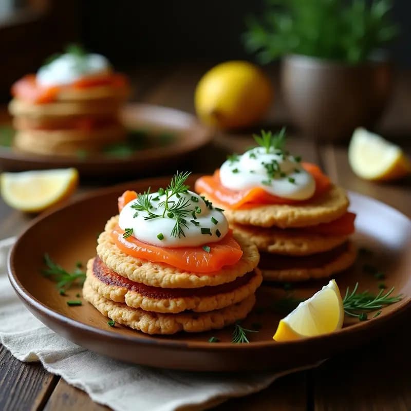 Plato blanco rústico con blini de trigo sarraceno dorados, coronados con crema agria espesa decorada con eneldo fresco y láminas de salmón ahumado rosado. Acompañados de cebollino picado y ralladura de limón, sobre un mantel de lino gris.
