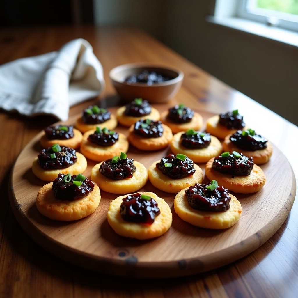 Blinis dorados de harina de altramuz con caviar de berenjena cremoso, decorados con cebollino fresco y pimienta negra, servidos en bandeja de madera rústica. Aperitivo ransés sin gluten.