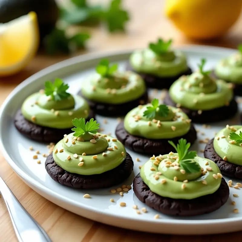 Blinis veganos de alubias negras con crema de aguacate y semillas de sésamo, presentados en un plato blanco sobre fondo rústico, aperitivo ruso sin horno.
