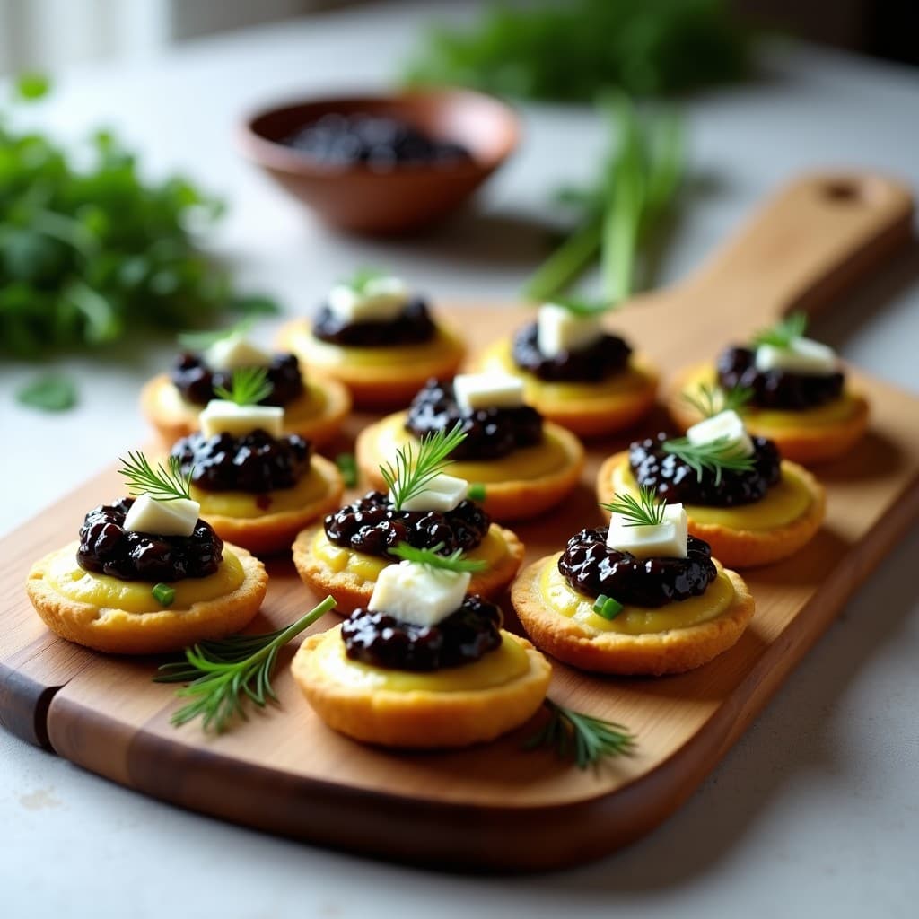 Blinis dorados de calabacín y queso feta con caviar de berenjena oscuro, servidos en bandeja de madera con hierbas frescas. Aperitivo ruso en airfryer, crujiente y gourmet.