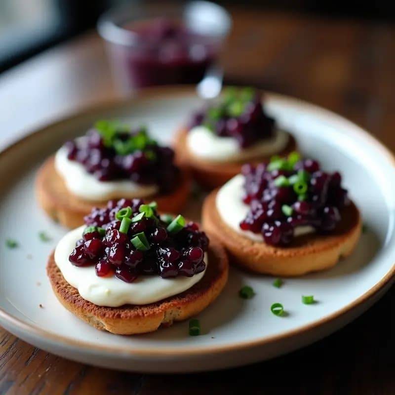 Plato de blinis dorados de centeno con una cucharada de crema agria vegana blanca y caviar de berenjena oscuro, decorados con cebollino picado y un hilo de aceite de oliva. Receta de blinis de centeno con caviar de berenjena y crema agria vegana.