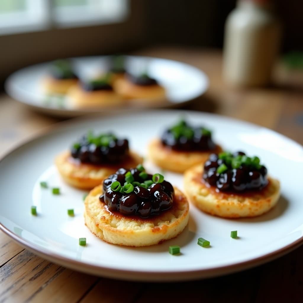 Plato blanco con blinis de coliflor dorados y esponjosos, coronados con caviar de berenjena negro y cremoso, decorados con cebollino fresco. Receta rusa vegana y sin gluten para aperitivos elegantes.
