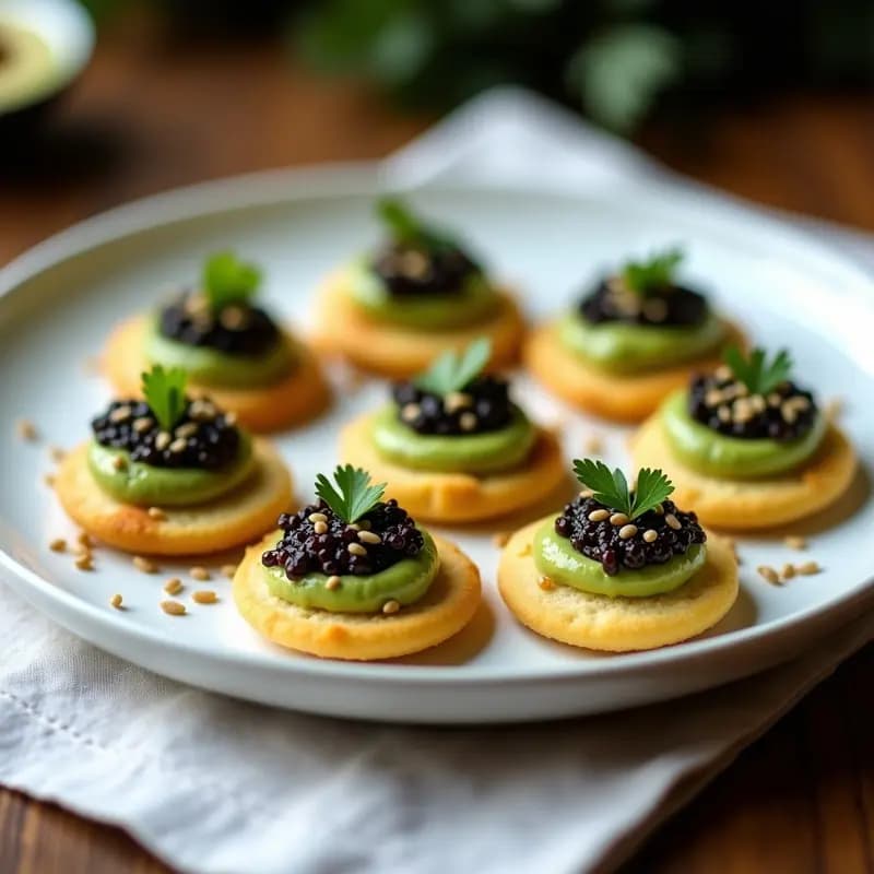 Plato blanco elegante con blinis rusos dorados sin gluten, coronados con crema de aguacate verde vibrante y caviar de berenjena oscuro, decorados con semillas de sésamo y cilantro fresco. Entrante gourmet listo para servir.