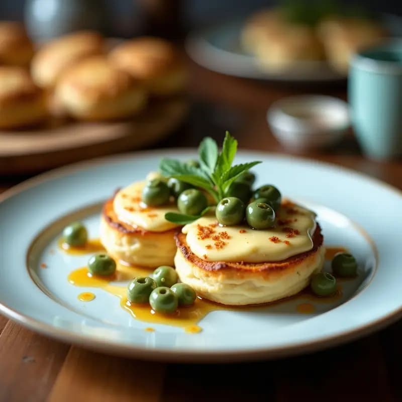 Plato blanco elegante con blinis dorados sin gluten, crema de queso azul espesa con vetas azules, peras caramelizadas en cubos brillantes y nueces picadas espolvoreadas, receta francesa de aperitivo gourmet.