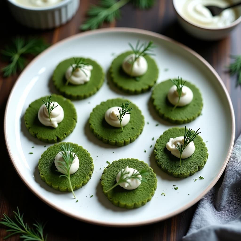 Plato blanco con blinis de alga espirulina de color verde intenso, dispuestos en círculo y coronados con crema de anchoas cremosa, decorados con eneldo fresco. Aperitivo ruso alto en omega-3.
