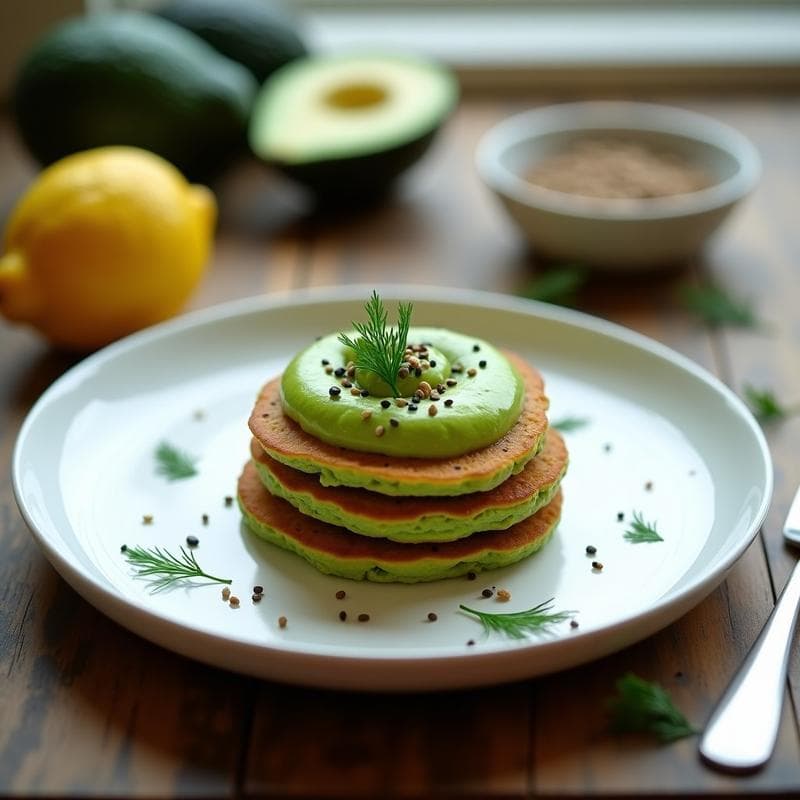 Plato blanco con blinis de espirulina y semillas de lino dorados, apilados y coronados con crema de aguacate verde brillante, decorados con eneldo fresco y semillas de sésamo negro. Fondos borrosos de ingredientes como aguacate y limón para resaltar el aperitivo vegano y nutritivo.