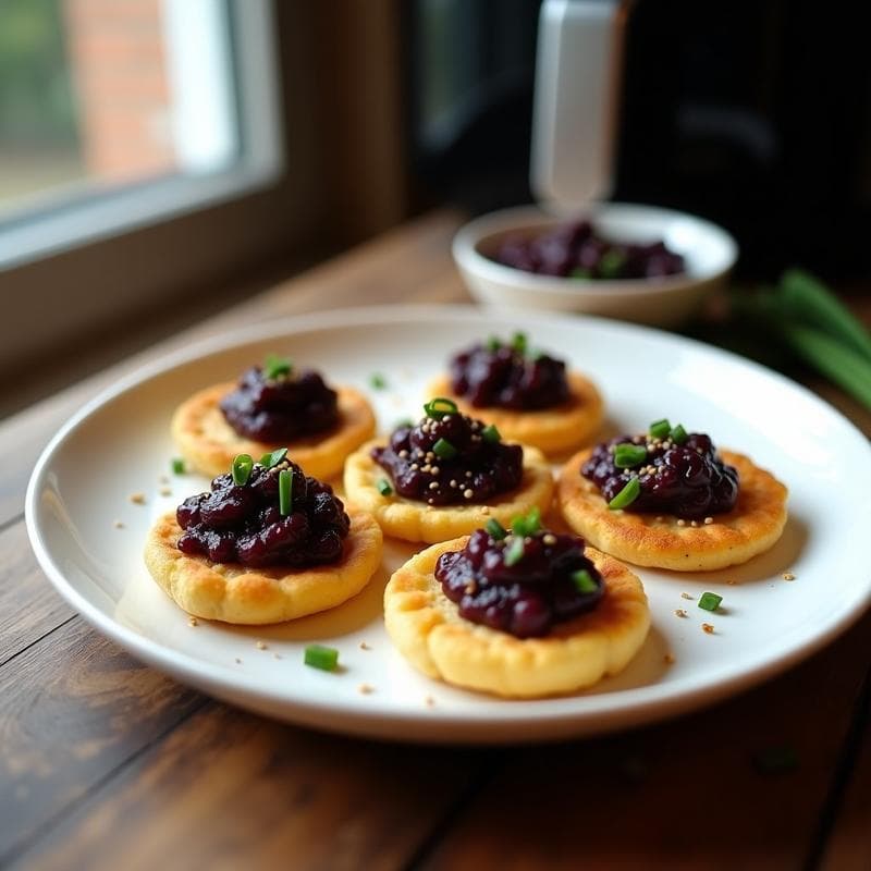 Plato blanco con blinis dorados de harina de garbanzo en airfryer, cubiertos de caviar de berenjena cremoso, decorados con semillas de sésamo y cebollino fresco. Receta rusa vegana y sin gluten.