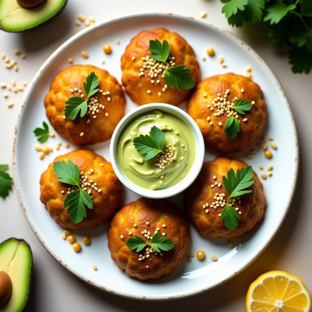 Plato blanco con blinis de garbanzo y espinaca crudiveganos dorados, servidos con dip cremoso de aguacate y limón, decorados con semillas de sésamo y cilantro fresco.
