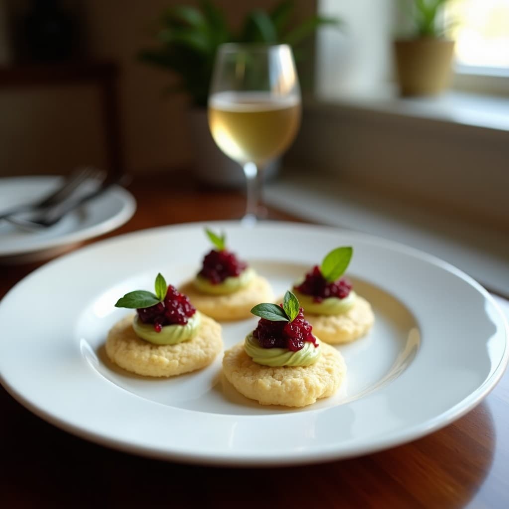 Blinis dorados de harina de coco con una cucharada de crema de aguacate verde claro y caviar de remolacha morado brillante, decorados con eneldo fresco sobre una tabla de madera rústica. Aperitivo ruso keto sin carbohidratos.