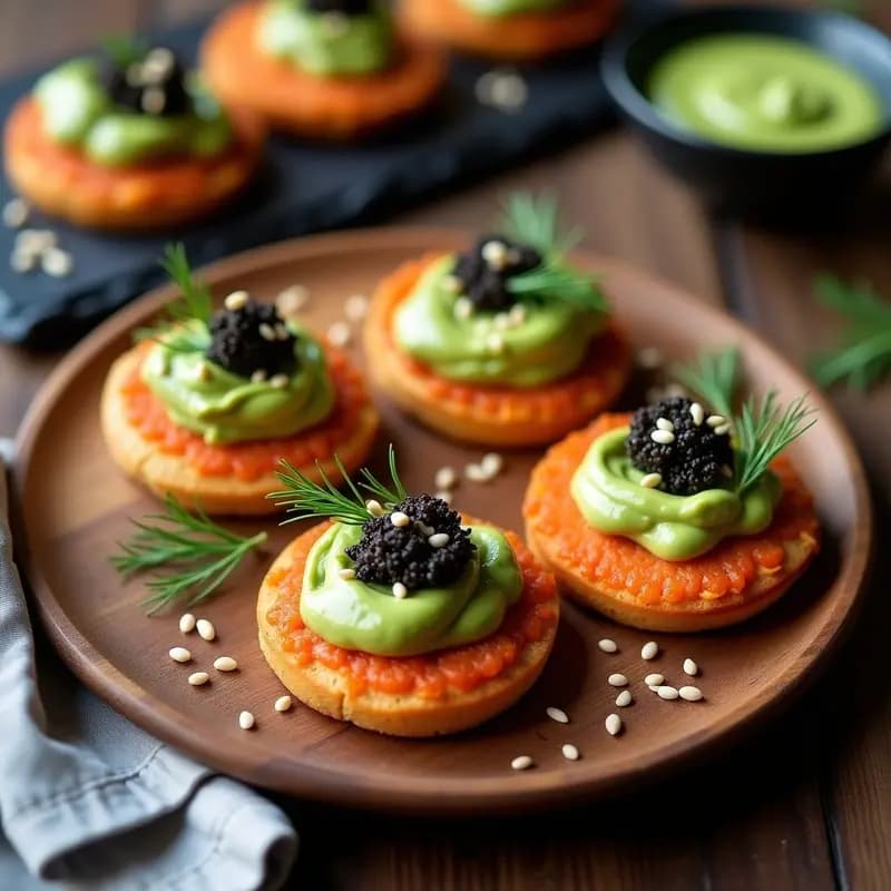 Blinis dorados de lentejas rojas con crema de aguacate verde suave, decorados con huevas de salmón veganas de sésamo negro, cebollino picado y pimienta rosa sobre una tabla de madera rústica. Receta vegana gourmet y sin gluten.