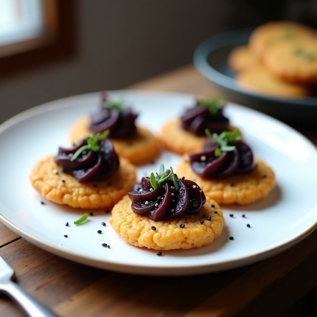 Plato blanco con blinis dorados de lentejas rojas y caviar de berenjena negro brillante, decorados con semillas de sésamo y perejil fresco. Receta vegana gourmet en 20 minutos.