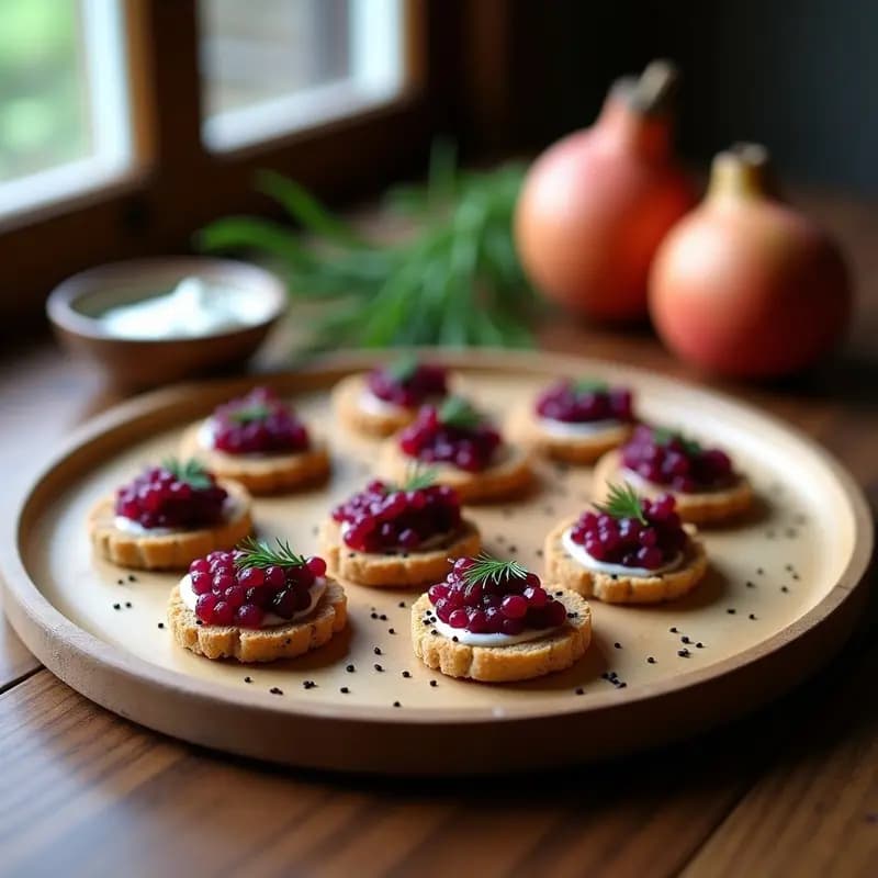 Blinis dorados de lino con semillas de sésamo negro, coronados con caviar de remolacha morada y crema de eneldo blanca, servidos en bandeja de madera rústica. Aperitivo ruso vegano y sin gluten.
